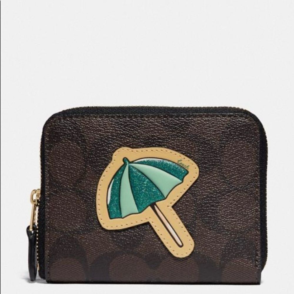 Coach Zip Around Signature Canvas Umbrella Motif Wallet Wristlet Card Case NWT